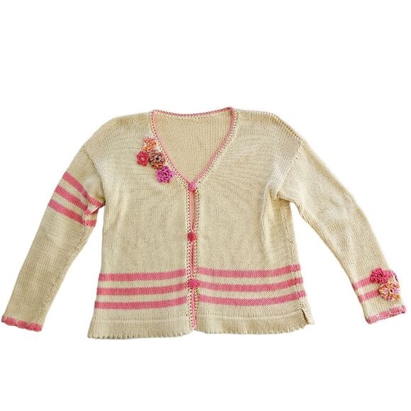 Vintage Crochet Knit Floral Stripe Pink Coquette Button Down Cardigan Sweater M - Picture 3 of 14